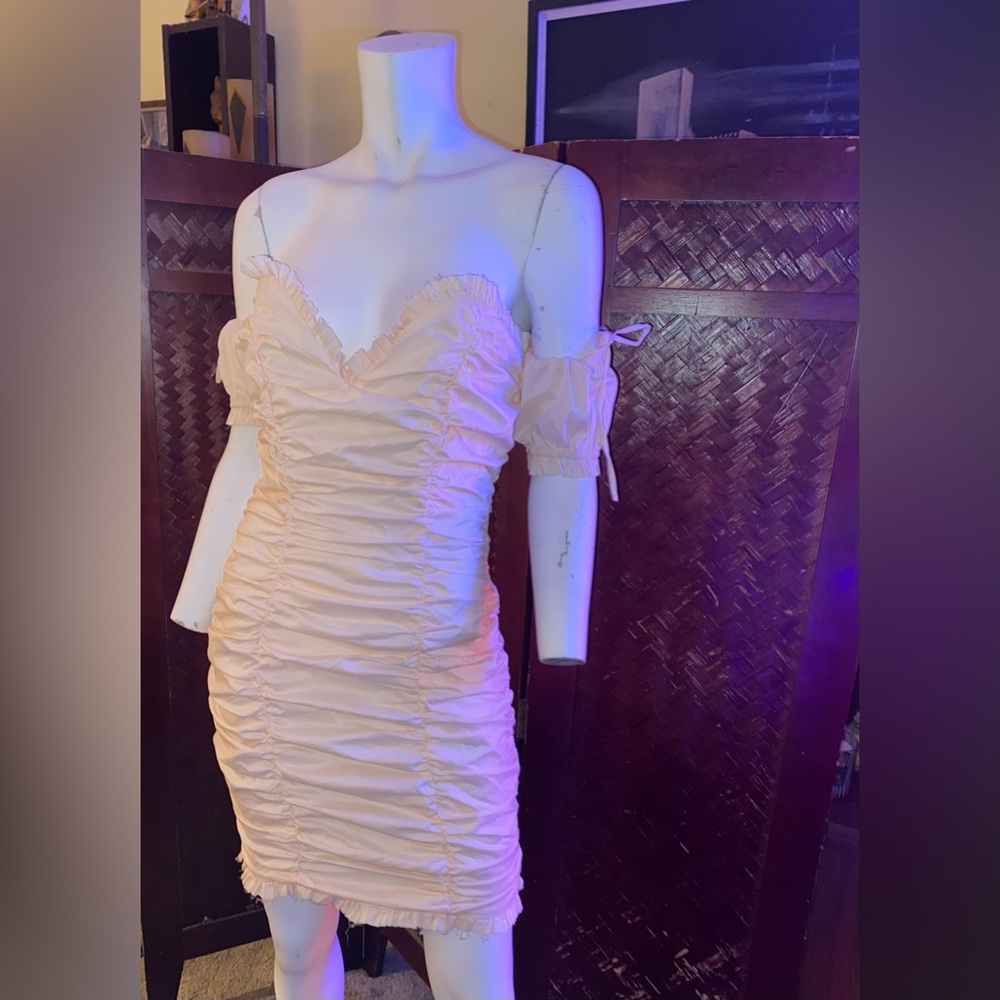 Ladies Coquette ruched Lolita mini beige ruffle cocktail dress quaint chic - Picture 7 of 12